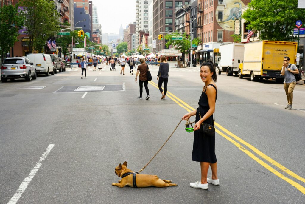 A joyful woman walks her French Bulldog on a bustling urban street filled with pedestrians and vehicles.